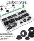 Hex Flange Nuts Set Kit 136 Piece Six Metric Sizes Black Carbon Steel Zinc Plated Assortment for Home Auto and Shop Use M3 M4 M5 M6 M8 M10