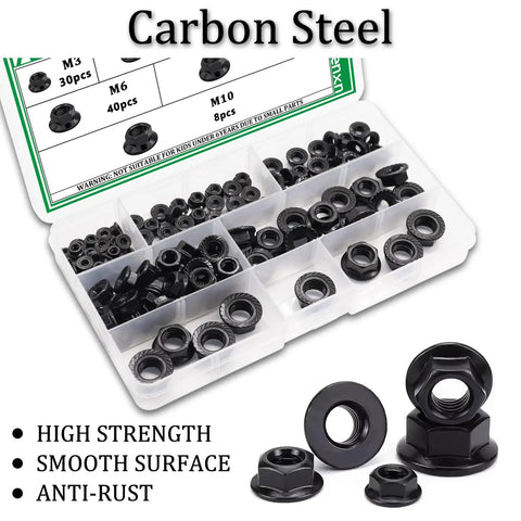 Hex Flange Nuts Set Kit 136 Piece Six Metric Sizes Black Carbon Steel Zinc Plated Assortment for Home Auto and Shop Use M3 M4 M5 M6 M8 M10