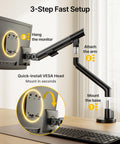 3-step setup guide of the Slick Aluminum Monitor Arm Desk Mount For 17 To 40 Inch Screens Hella Stable Full Motion VESA Bracket.