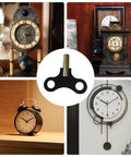 Sturdy Steel Clock Winding Key Set For Antique Grandfather Clocks And Mechanical Alarms, Smooth 4.4mm Square Inner Diameter, shown with various clocks