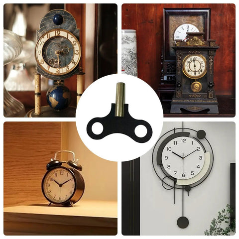 Sturdy Steel Clock Winding Key Set For Antique Grandfather Clocks And Mechanical Alarms, Smooth 4.4mm Square Inner Diameter, shown with various clocks