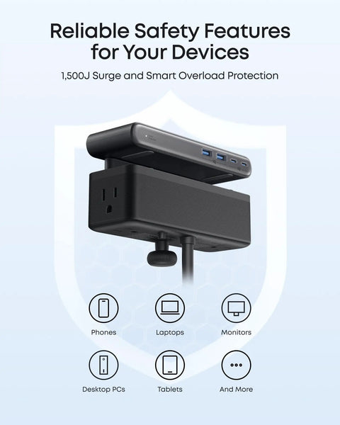 Top Tier Desk Organizer Power Strip Featuring Space Saving Clamp Design 70W Usb C Rapid Charge Ten Port Layout Pro Grade Surge Suppressor with devices.