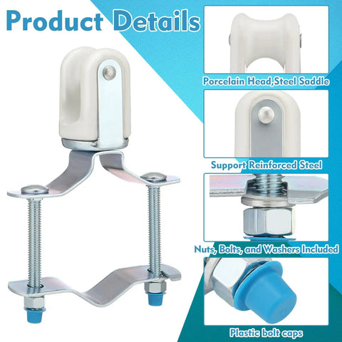 Two Pack Heavy Duty Wire Holder With Adjustable Porcelain Head And Steel Clamp For Pipe Or Pole, Fits One And A Quarter Inch To Three Inch, Insulated Cable Management Kit with porcelain head and steel clamp details