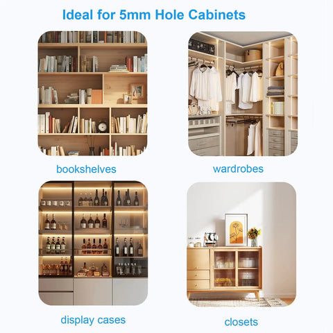 Legit Clear Cabinet Shelf Pegs Precision Cut For 5mm Holes Solid Plastic Shelf Support Pins arranged in bookshelves, wardrobes, display cases, and closets.