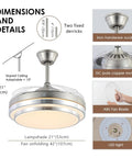Slick Retractable Blades Ceiling Fan With Lights Remote Control For Bedroom Living Room Office Kitchen Dining 42 Inch Noiseless DC Motor Nickel Finish With Energy Saving Design dimensions and details