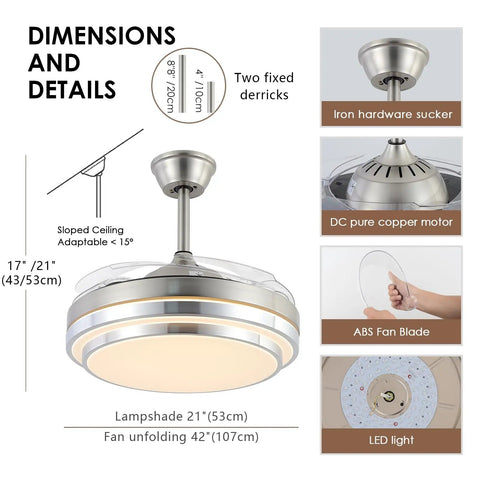 Slick Retractable Blades Ceiling Fan With Lights Remote Control For Bedroom Living Room Office Kitchen Dining 42 Inch Noiseless DC Motor Nickel Finish With Energy Saving Design dimensions and details