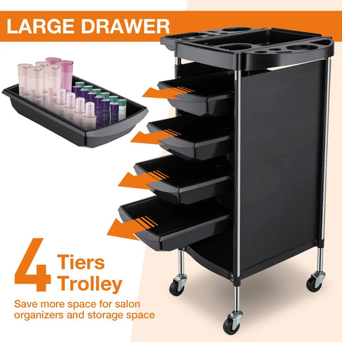 Mobile Hair Salon Tool Cart With Six Layer Design On Wheels, showing large drawers and trays, black color, for spa and tattoo studios.