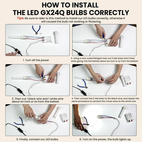 Installation guide for GX24Q 4 Pin LED PL Bulbs 12W Daylight 6000K 26W CFL Equivalent Ballast Bypass Ceiling Lights