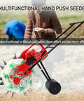 All In One Garden Seeder And Fertilizer Applicator Set with hand push planter on field, dual seed and fertilizer buckets visible