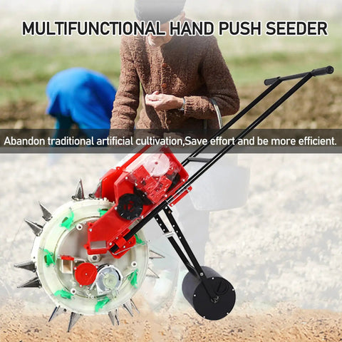 All In One Garden Seeder And Fertilizer Applicator Set with hand push planter on field, dual seed and fertilizer buckets visible