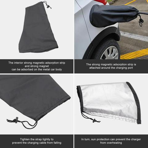 Hella Solid EV Charger Port Cover With A Super Snug Magnetic Seal And A Lightweight Foldable Shape To Keep Your Electric Cord Dry And Fully Shielded From Gnarly Weather Outdoors, shown folded and fitted on a car's charging port.