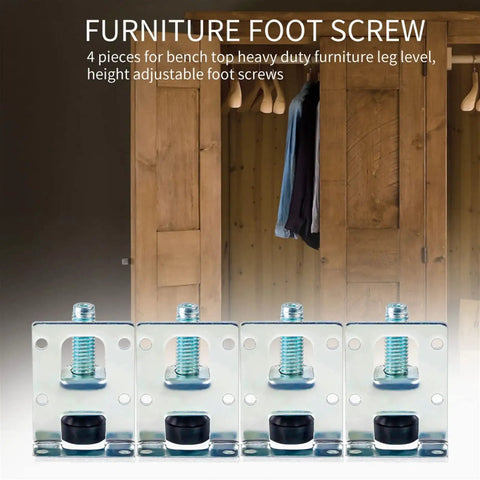 Heavy Duty Adjustable Leveling Feet For Furniture And Cabinets, 4 Pack Swivel Levelers In Corrosion Resistant Steel, Easy To Install, Ideal For Shelving Units, Wardrobes, Benches, Beds, Bookcases And More, shown with four metal foot screws