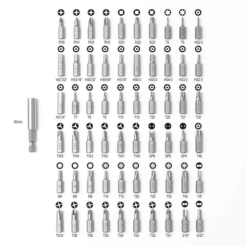 Heavy Duty 61 Piece Security Bit Set Pro Grade With S2 Steel Tamper Proof Bits arranged in grid, showing various types and sizes.