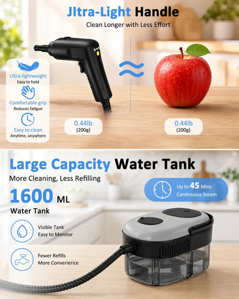 Quick 15 Second Heat Up Handheld Steam Cleaner With High Pressure For Deep Cleaning Grease And Grout Stains Without Harsh Chemicals Compact Portable Design, featuring ultra-light handle and 1600ml water tank.