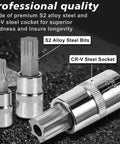 Close-up of 64 Piece Pro Grade Torx Bit Socket Set with External Torx Sockets and Adapters made with S2 Steel Bits and CR-V Sockets.
