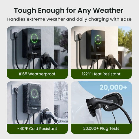 Plug And Play 40 Amp Level Two EV Charger Nema 14 50p 9.6kW J1772 Home Charging Station weatherproof and heat resistant.