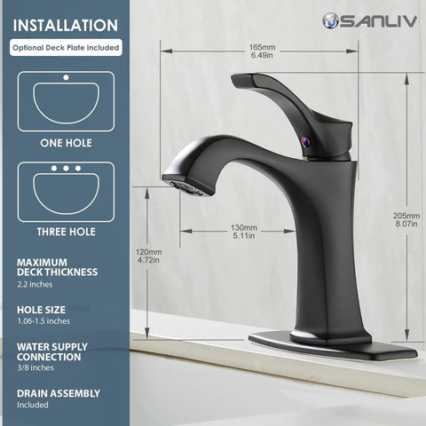 Matte Black Bathroom Faucet With One Hole And Deck Plate shown with installation details and measurements, sleek modern design.