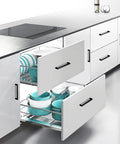30 Pack Matte Black Stainless Steel Cabinet Pulls Center To Center 5 Inch Square Kitchen Cabinet Handles on sleek white drawers