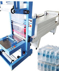 Automatic Heat Shrink Sleeve Sealing And Cutting Machine For PE POF PP PVC Films Runs Flawless Straight Up With Zero Drama For Foam Box Wrapping And High Volume Packing Operations, shown with stacked water bottles.