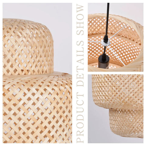 Close-up of handwoven rattan texture on Bamboo Pendant Light For Kitchen Island And Living Room, Natural Boho Chic Dope Vibe