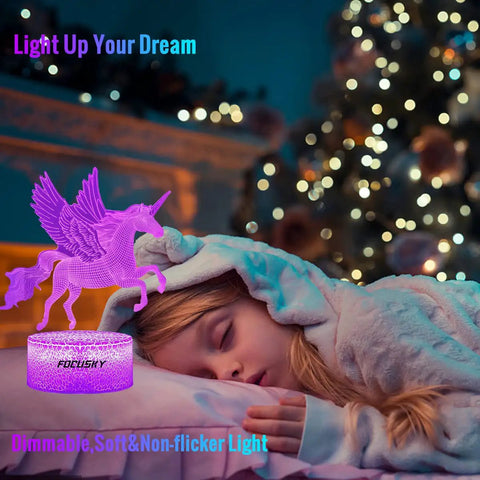 Unicorn Night Light Lamp With 16 Colors, Touch And Remote Control, casting purple glow, child sleeping, dimmable LED night light