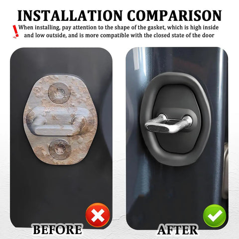 Before and after installation of 4 Pcs Car Door Latch Guard Covers Silicone Lock Protectors showing quieter closures