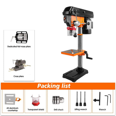 Heavy Duty 12 Speed Drill Press Stand With Chuck And Table Top Machine For Iron Aluminum Wood Plastic Projects Orange 10 Inch side view with accessories.