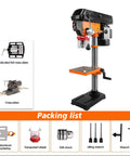 12 Speed Benchtop Drill Press 750W Motor With Adjustable Table Chuck 3-16Mm For Iron Aluminum Wood And Plastic in orange showing accessories.