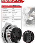 Heavy Duty 12V 145Amp Alternator Fit For GMC Envoy Savana Sierra Yukon Tahoe Suburban Trailblazer SSR Express Silverado 1500 2500 3500 2001 2011 Models OE 6019239 Replacement with specifications and close-up view.