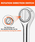 Close-up of the ratchet wrench rotation direction switch from Heavy Duty Carbon Steel Socket Set With One Quarter Inch And Three Eighths Inch Drive, 21-Piece Metric Wrench Kit From 4mm To 19mm, Includes Ratchet Wrench, Extension Bars, Adapter, Spinner Handle, And Storage Case For Automotive Repair.