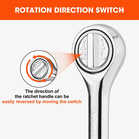 Close-up of the ratchet wrench rotation direction switch from Heavy Duty Carbon Steel Socket Set With One Quarter Inch And Three Eighths Inch Drive, 21-Piece Metric Wrench Kit From 4mm To 19mm, Includes Ratchet Wrench, Extension Bars, Adapter, Spinner Handle, And Storage Case For Automotive Repair.