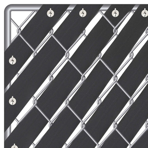 Chain Link Fence Privacy Tape 164 Ft By 6 In PVC Slats Privacy Screen installed on fence with snap fasteners visible