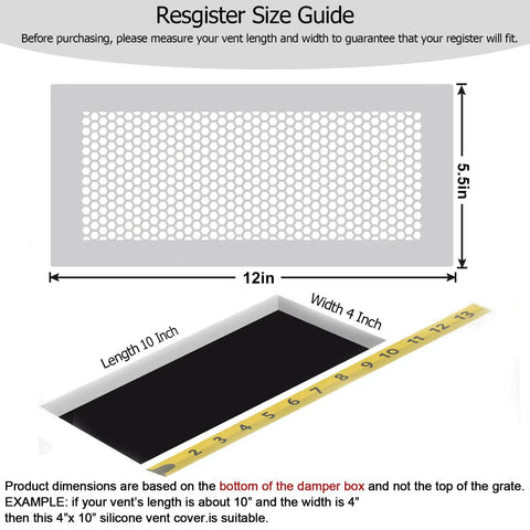 Size guide for Baby Safe Silicone Floor Vent Covers For 4x10 Vents with mesh detail and dimensions.