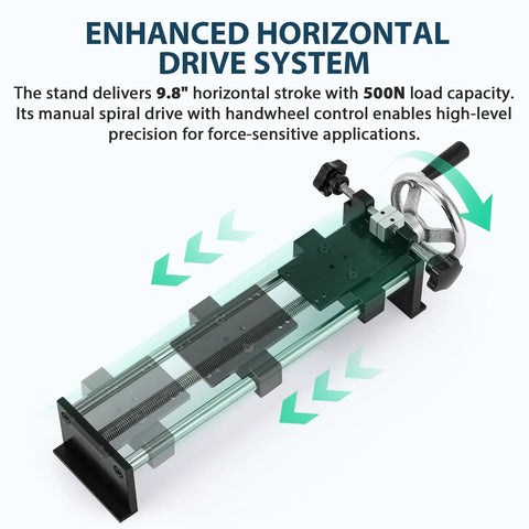 Manual Force Gauge Test Stand With Hand Wheel Operation 9.8 Inch Stroke, Compatible With ZMF Force Gauge, Includes Rock Solid Mounting Plates 41x73 Mm And 40x90 Mm For Stable, Precise Readings, horizontal manual force gauge stand with handwheel and 500N load