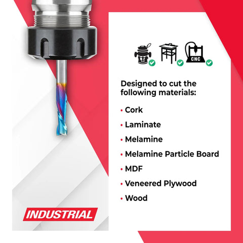 Spektra Extreme Tool Life Coated Solid Carbide Spiral Plunge Router Bit 1/4 Inch Diameter, material compatibility list shown