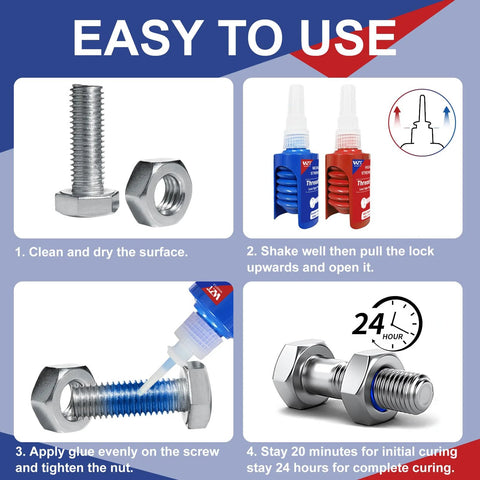WAN2TLK thread lock bottles blue and red, 50 ml each, with bolts and nuts (2-pack) for locking threads.