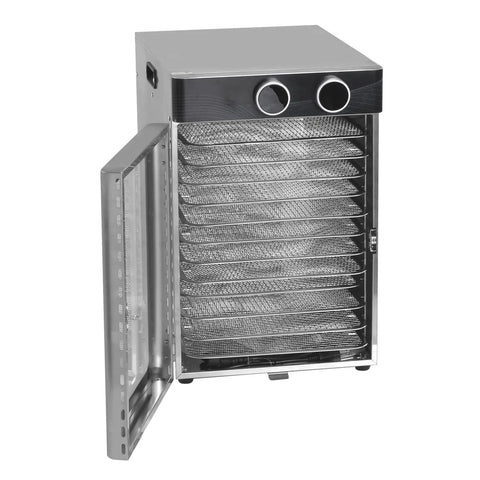 Sleek Electric Food Dehydrator With 12 Stainless Steel Trays And 1200 Watt Motor open showing metal trays for drying beef jerky and fruits.