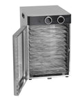 Ultimate Electric Food Dehydrator Featuring 12 Stackable Trays And 1200 Watts Of Power, stainless steel design with open door and trays visible.