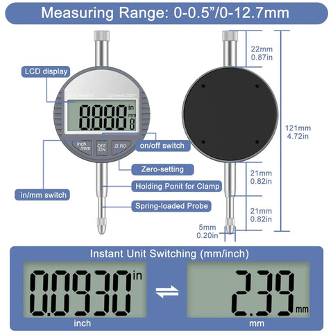 Digital Dial Indicator Bore Gauge 2 To 6 Inch Range With 0.01 mm 0.0003 Inch Precision, LCD display front and side view