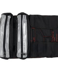 Ride Ready 48 Piece Motorcycle Tool Kit in a compact roll-up case, showing open pockets and zippers for Harley Davidson, Indian, V Twin bikes.