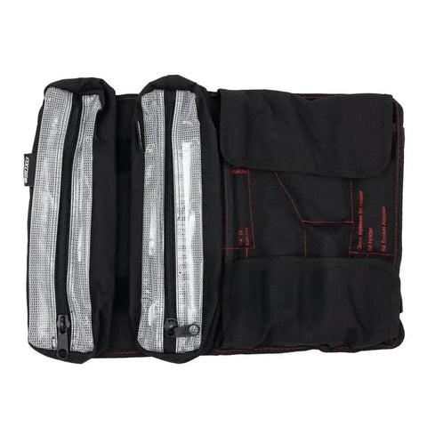 Ride Ready 48 Piece Motorcycle Tool Kit in a compact roll-up case, showing open pockets and zippers for Harley Davidson, Indian, V Twin bikes.