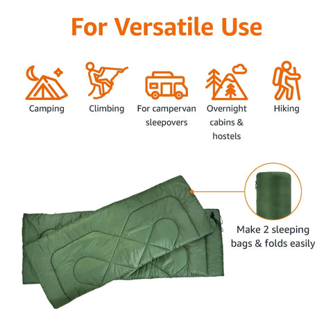 Two Person Queen Size Sleeping Bag for Camping, 40F Cold Weather, Olive Green, splits into two singles, rolled view, versatile use