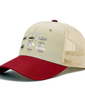 Funny Spare Time RV Camper Trucker Hat For Dad Running Cap with red brim and beige mesh, classic look, stylish outdoor dad hat.