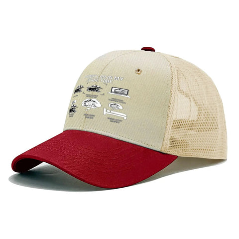 Funny Spare Time RV Camper Trucker Hat For Dad Running Cap with red brim and beige mesh, classic look, stylish outdoor dad hat.