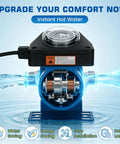 Instant Hot Water Delivery Recirculation Pump Replacement Kit shown with brass valves, blue housing, and water flow illustration.