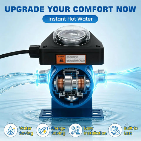 Instant Hot Water Delivery Recirculation Pump Replacement Kit shown with brass valves, blue housing, and water flow illustration.