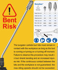 Long Carbide Burr Set For Die Grinder, Four Pieces, One Quarter Inch Shank, Total Length 6.1 Inches, shown with usage warning for bending risk.