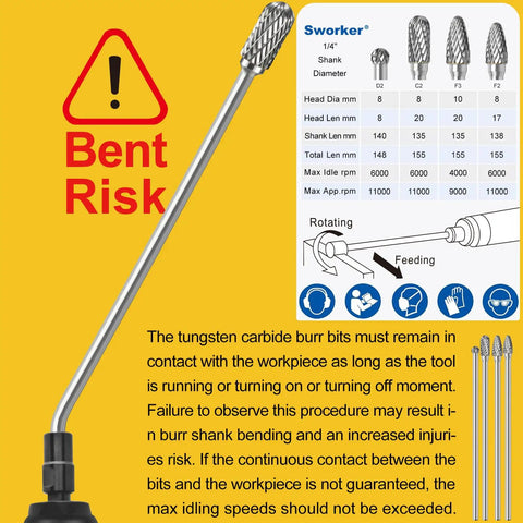 Long Carbide Burr Set For Die Grinder, Four Pieces, One Quarter Inch Shank, Total Length 6.1 Inches, shown with usage warning for bending risk.