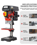 Rock Solid Benchtop Drill Press Eight Inch Swing Five Speed Motor One Half Inch Steel Chuck Heavy Duty Cast Iron Base showing wood and metal drilling.