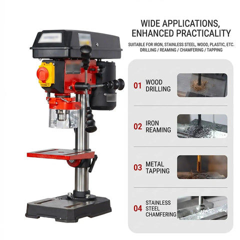 Rock Solid Benchtop Drill Press Eight Inch Swing Five Speed Motor One Half Inch Steel Chuck Heavy Duty Cast Iron Base showing wood and metal drilling.
